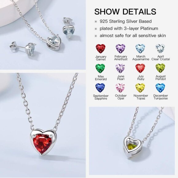 Suplight Dainty 925 Sterling Silver Birthstone Heart Crystal Necklace/Stud Earri - Picture 5 of 7